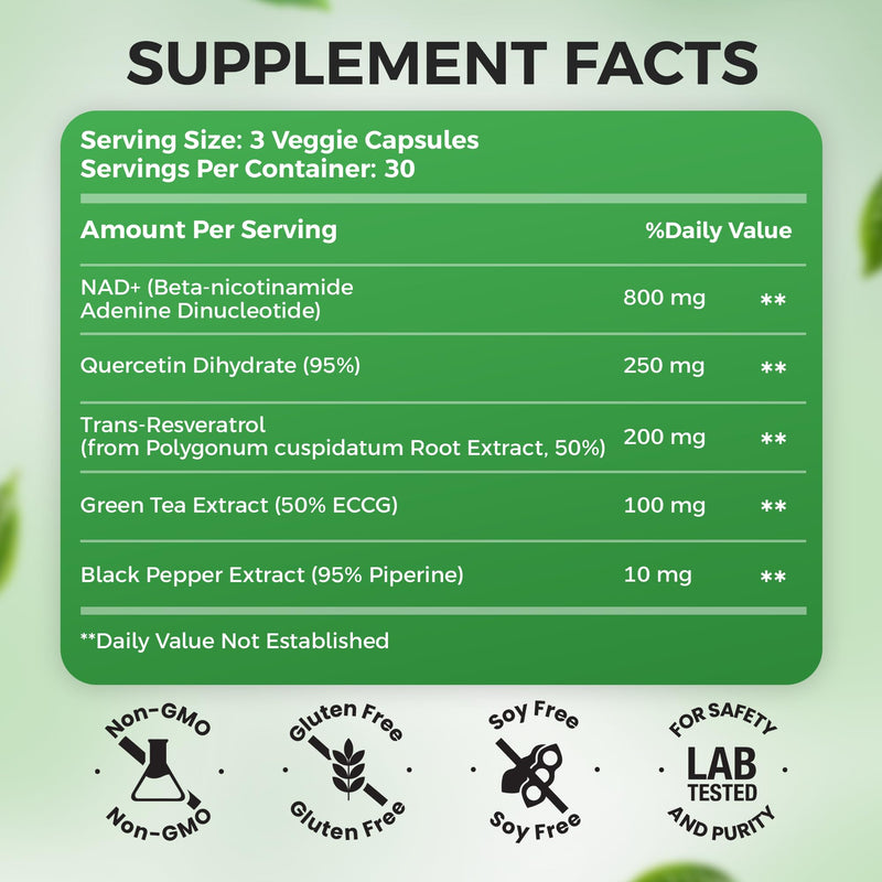 NAD+ Supplement, 1,360mg Max Strength Liposomal | Resveratrol, Quercetin, Green Tea | Cellular Energy & Healthy Aging for Men & Women | 800mg of 100% High Purity NAD+ for Energy, Focus - 90 Capsules