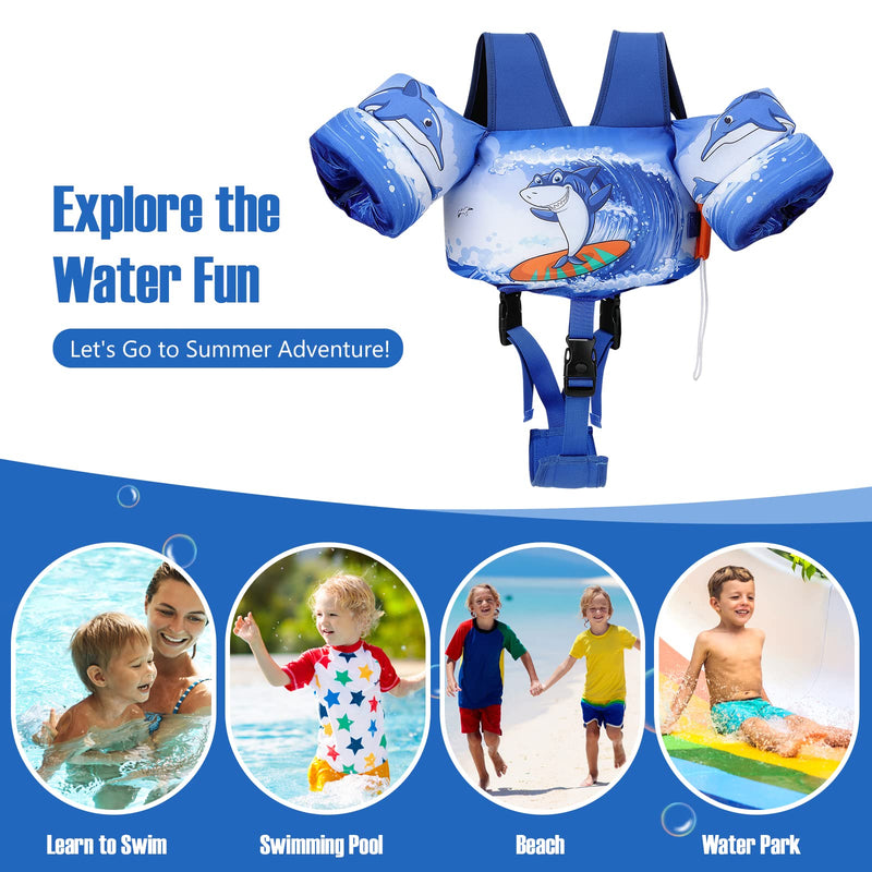MoKo 13-30 lbs/30-70 lbs Toddler Floaties Arm Floaties, Toddler Swim Vest Cartoon Swim Arm Band for Kids with Crotch Strap Pool Float Vests Sleeves Shoulder Straps Learn to Swim Blue Surf Shark for kids 30-70 lbs - BeesActive Australia