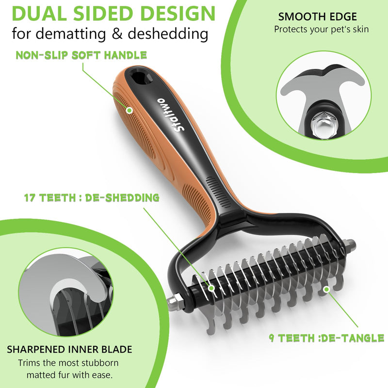 Deshedding Dog Brush for Shedding - 2-in-1 Professional Undercoat Rake and Furminator for Dogs | Shedding Control for Long-Haired Dogs and Cats, Deshedding Tool, Knot Removal,Orange Orange - BeesActive Australia