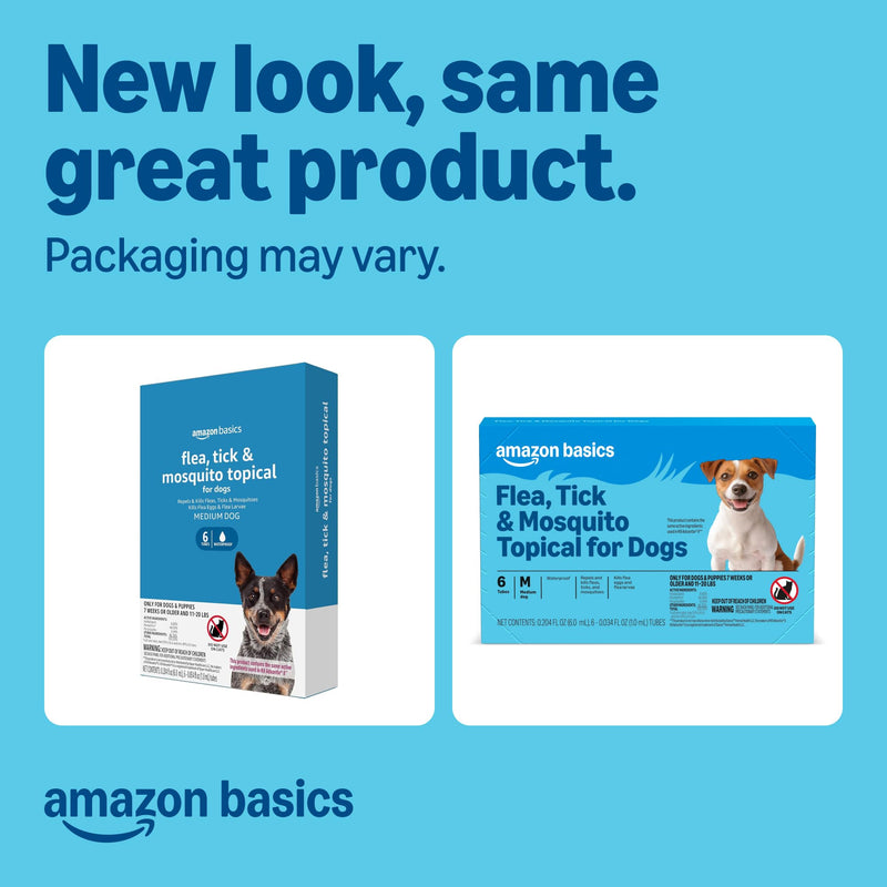 Amazon Basics Flea, Tick & Mosquito Topical Treatment & Prevention for Medium Dogs (11-20 pounds), Fast-Acting, Kills Fleas, Eggs & Larvae, 30 Day Protection, 6 Count, Packaging May Vary