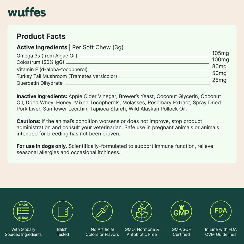 Wuffes Allergy & Itch Soft Chews, Dog Allergy Support with Colostrum, Vitamin E and Omega 3s for Dogs, Non-Drowsy Immune and Itchy Skin Support for All Dogs, 60 Soft Chews