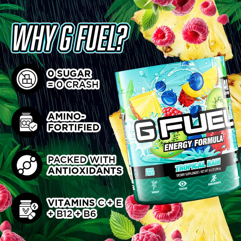 Gamma Labs G Fuel Tropical Rain Energy Drink Powder, Pre Workout Caffeine Mix for Gaming, Sugar Free Focus Amino, Vitamin + Antioxidants, 9.8oz Fruit Medley, 40 Servings Pineapple Raspberry Medley