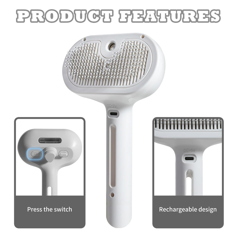 Spray Cat Brush for Shedding - Pet Hair Removal Comb with Water Tank and Release Button, Cat/Dog Steam Brush, Cat Bath Brush, Pet Steam Brush, Cat Brush with Water - Pet Spray Hair Comb (White) WHITE - BeesActive Australia