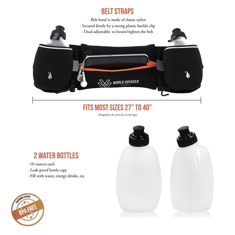 Premium Quality No Bounce Runners Hydration Belt With Reflectors, Smartphone Pocket & BPA free Water bottles Orange
