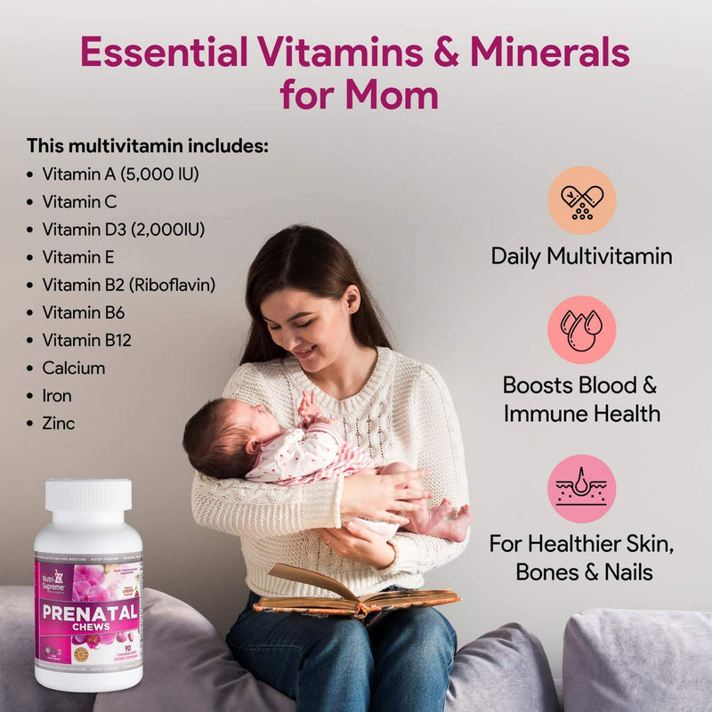 Nutri Supreme Prenatal Vitamin, Chewable Prenatal Vitamins for Women with 800 MCG of Folate, Complete Pregnancy Multivitamin with Iron, Kosher, Cherry Flavor, 90 Count Chewables- 90 Count