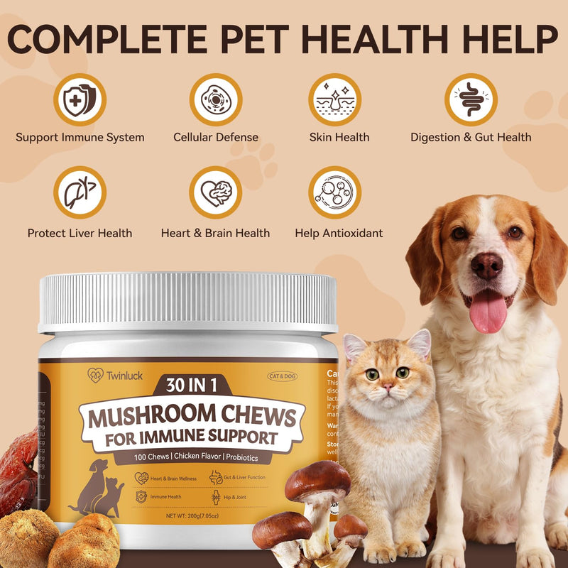 Turkey Tail Mushroom Chews for Dogs & Cats, 100 Chews, 7 Mushroom Blend with 6 Probiotic Strains, Daily Immune and Digestive Support