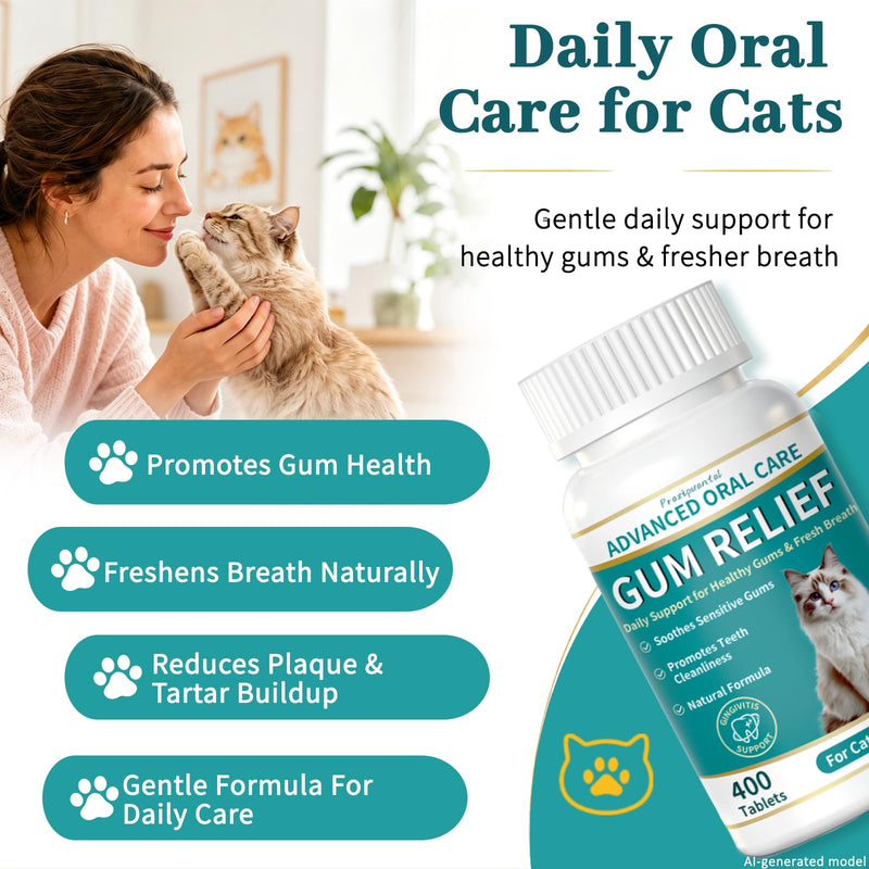 Cat Dental Care Supplement - Cat Teeth Cleaning & Bad Breath Freshener, Natural Plaque and Tartar Remover for Cats, Oral Health Support with 150mg Kelp & Probiotics- 400 Tablets