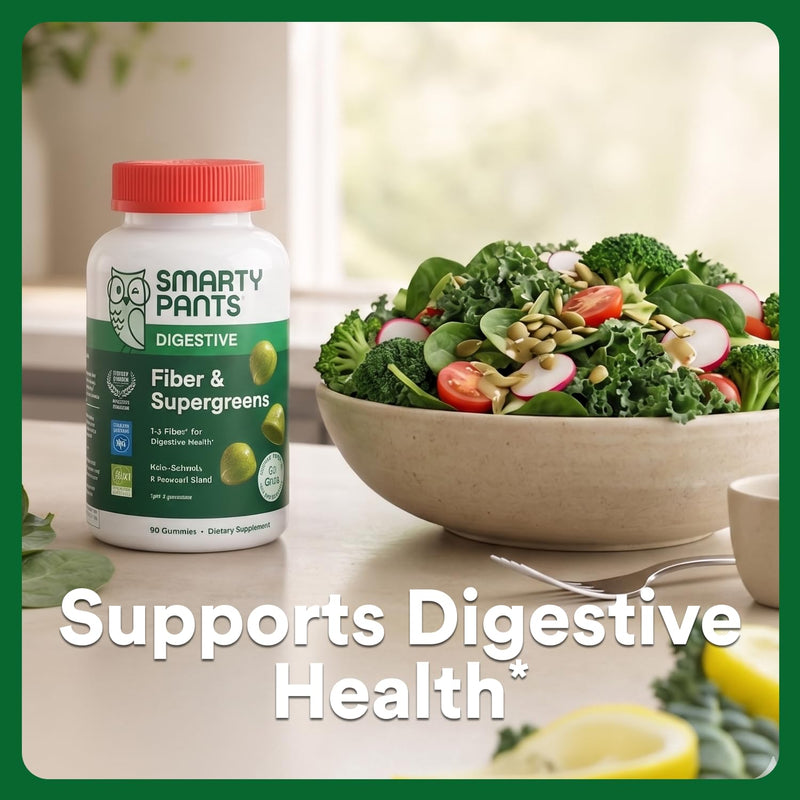 SmartyPants Fiber & Super Greens Gummies, Broccoli, Spinach, & Kale Blend to Support Gut Health, Prebiotic Fiber Gummies for Adults, Gluten Free, White Grape & Apple Flavor, 90 Count (30 Day Supply) Adult Supergreens
