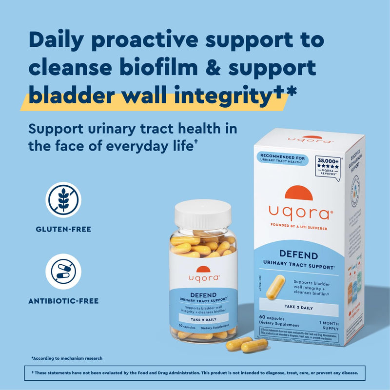 Uqora Defend, Urinary Tract Support, 120 Capsules (2 Pack) | Urinary Tract Health Supplement, Cleanse Biofilm** with D-Mannose, Green Tea Extract, Turmeric Extract, and More, Gluten-Free 120 Capsules (Pack of 2)