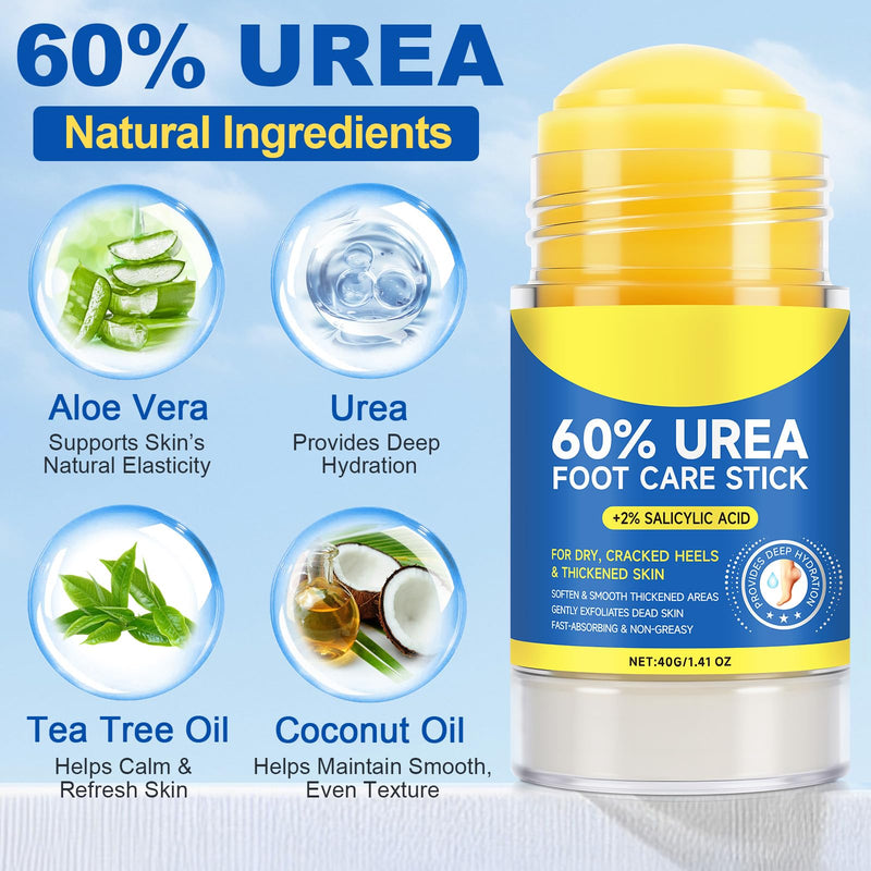 60% Urea Foot Cream Stick with 2% Salicylic Acid, Urea Foot Care Stick & Cream - Moisturizer for Dry, Cracked Skin on Feet, Knees, Elbows & Hands - Hydrates & Repairs Rough Skin 2Pack 1.41 Fl Oz (Pack of 2)