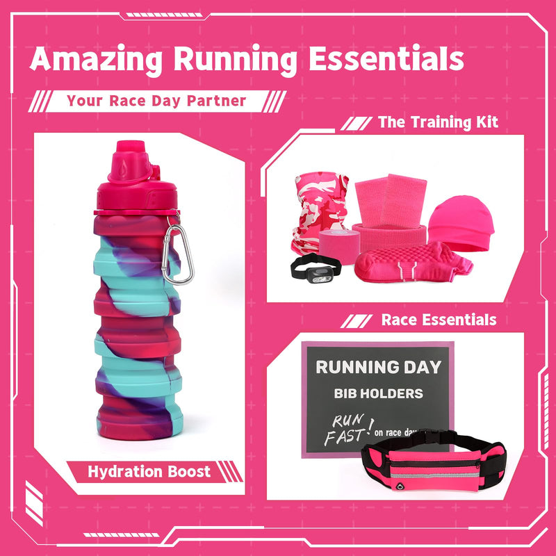 Running Gift Box - 13 Runner Essentials Kit With Belt, Headlamp, Kinesiology Tape, Folding Water Cup & More - Marathon Training, Night and Trail Running Outdoor Fitness Gift for Men Women Neon