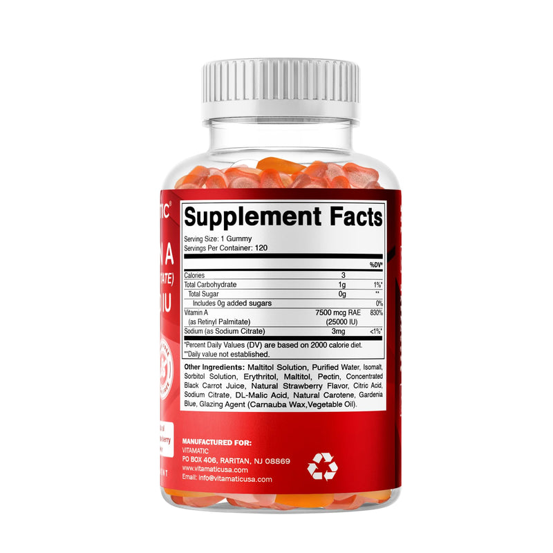 Vitamatic Sugar Free Vitamin A 25000 IU Gummies (Retinyl Palmitate) - Natural Strawberry Flavor - 120 Pectin Based Gummies (2 Bottles) | Sugar Free, High Potency Vitamin A Support, Natural Strawberry Flavor, Pectin Based, Non GMO, Gluten Free