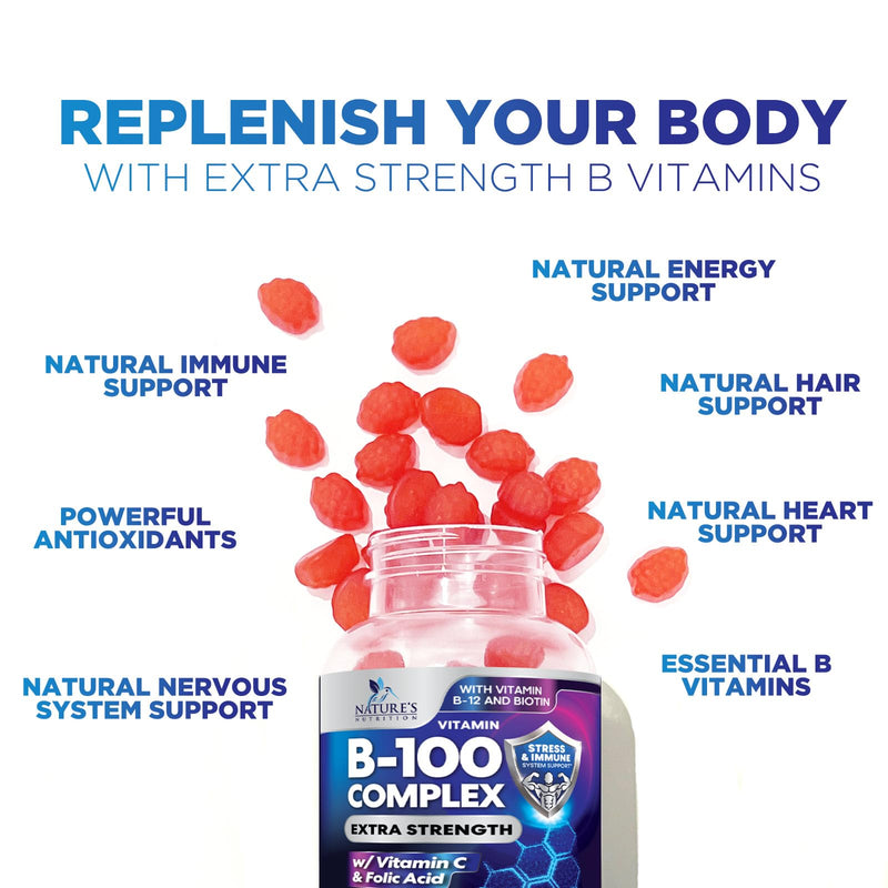 Vitamin B Complex Gummies - Extra Strength Super B Vitamin Gummy with Vitamin C, Immune Support for Men & Women - Energy and Brain Support Supplements with Folic Acid, Niacin, B6, B12 - 60 Gummies 60 Count (Pack of 1)