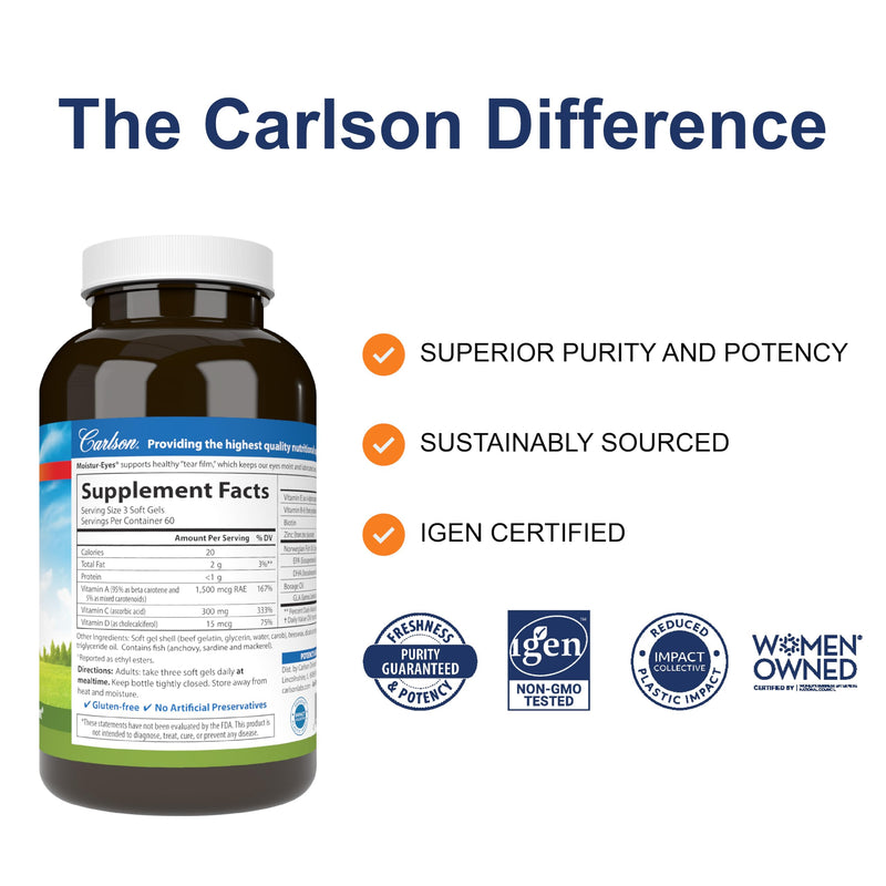 Carlson Moistur-Eyes, Specialty Eye Formula, with Omega-3s, 180 Softgels | Maintains Normal Eye Moisture