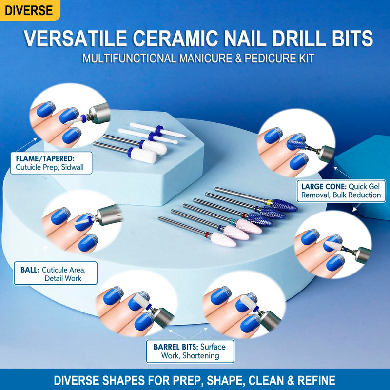 Feecy Nail Drill Bits Set Ceramic for Acrylic Nails Gel Polish Professional, 3/32 Inch Efile Nail Drill Bits Kit for Cuticle Safety Barrel Nail Art Tools with Holder, 10pcs (S10-B) S10-B - BeesActive Australia