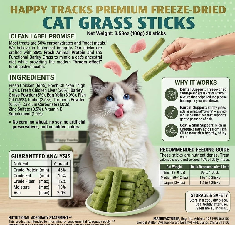 Happy Tracks Cat Grass Sticks for Cats — Freeze-Dried Chicken & Barley Grass | High Protein Grain-Free Cat Snack | Hairball Control & Dental Support | 3.53oz / 20 Sticks