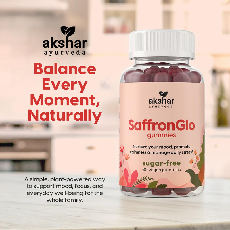 AKSHAR Ayurveda Saffron Gummies, Sugar-Free Vegan Mood & Focus Supplement | Safr'Inside® Extract with Vitamin B6, Supports Calm & Positive Outlook, Hormonal Balance for Women, All Ages, 60 Count 60 Count (Pack of 1)