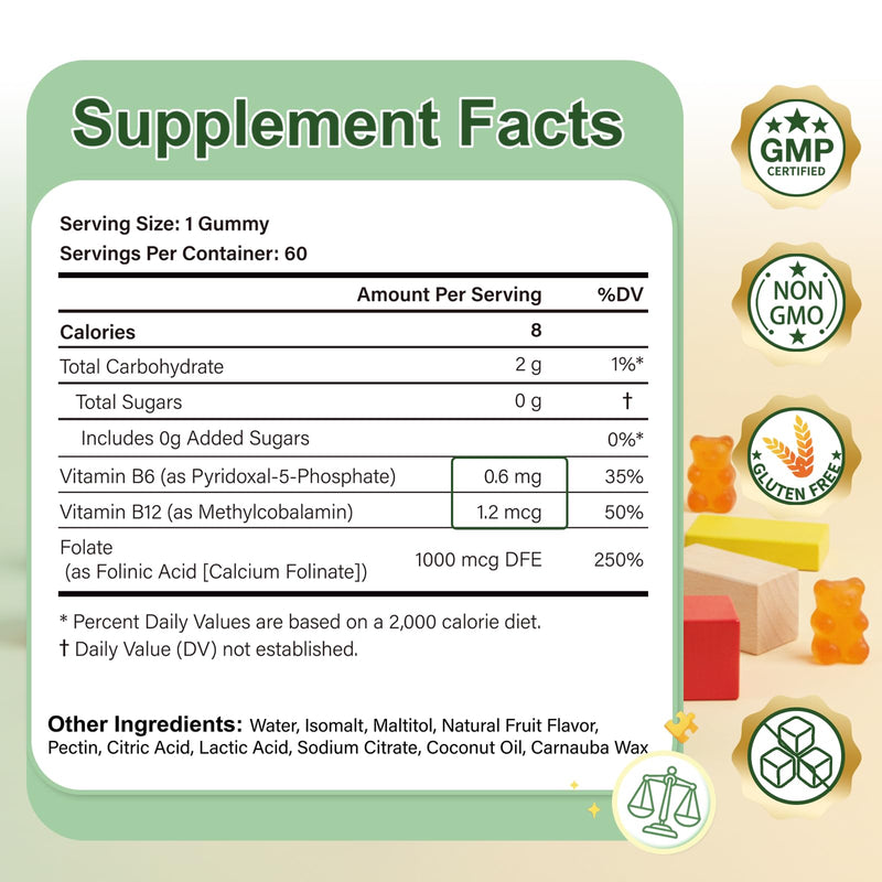 ABYSSUS Kids Folinic Acid Gummies with B6 & B12, Sugar-Free, 60 Count | Brain, Focus, Energy & Healthy Growth Support with Active B6 (P5P) & Methyl B12, Methylation Folate Supplement, Non-GMO