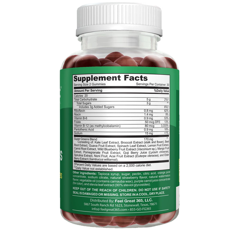 Feel Great Super Green Gummies Teen Vitamins | Vegan Veggie Gummy Multivitamin for Teens | Fruit and Vegetable Supplement | Veggie Fiber Supplement | 60 Count