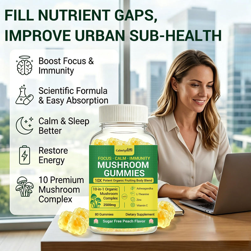 Mushroom Gummies - All-in-1 Organic Mushroom Complex 2500mg with Ashwagandha, L-Theanine, Zinc, Vitamin C - Focus, Calm & Immunity Support, Sugar Free Peach Flavor, 80 Gummies
