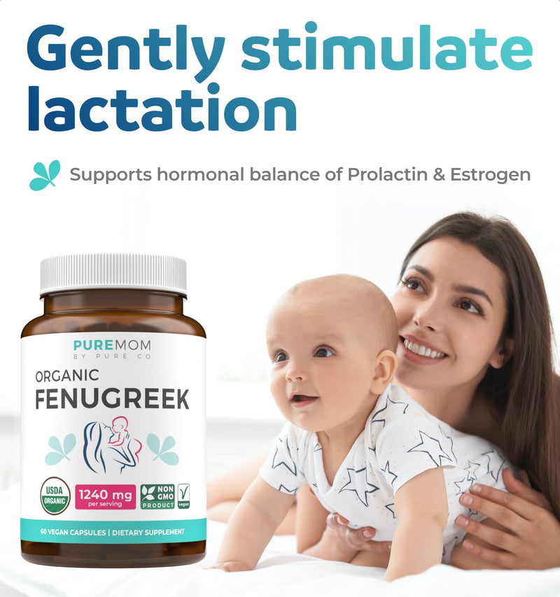 USDA Organic Fenugreek Capsules for Women - Effective Lactation Supplement for Increased Breast Milk Supply - Herbal Breastfeeding Support for Mothers - Gluten Free - 60 Vegan Capsules (No Pills) | Gentle Breast Milk Supply Booster for Mothers - Fenugr...