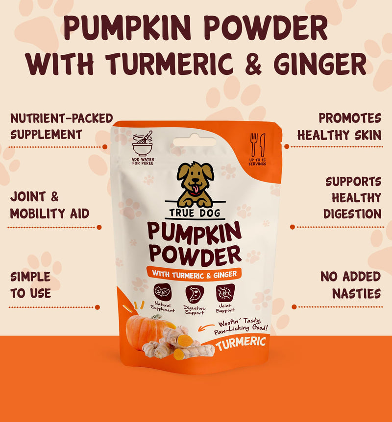 True Dog Pumpkin Powder with Turmeric 100g | Natural Pumpkin Puree Powder for Dogs, Digestive Supplement, Stool Firming, High Fibre Dog Food Topper, Manufactured in the UK
