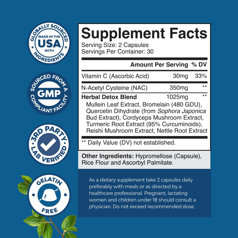 Lung Detox Mullein Leaf Capsules - Purifying Mullein Lung Cleanse Complex with NAC Quercetin & Cordyceps Extracts - Leaf Herb Respiratory Supplement for Sinus Immunity & Breathing Support 60ct 60 Count (Pack of 1)