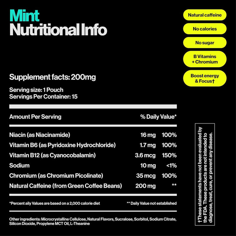 Wip Energy Pouches, Sugar Free Blend of 200 MG Natural Caffeine, B Vitamins & L Theanine, Pre Workout for Active Lifestyles, Mint and Fruit Punch, 4 Cans, 15 Pouches Each