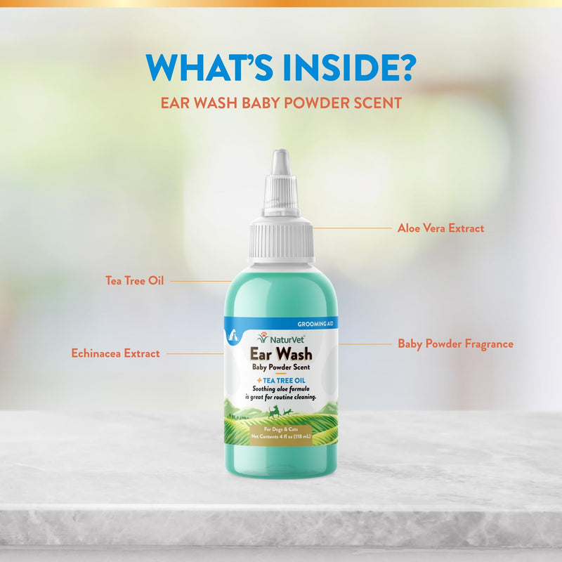 NaturVet Ear Wash Plus Tea Tree Oil for Dogs and Cats, 4 oz Liquid, Made in USA