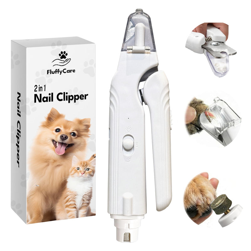 2-in-1 Dog Nail Clippers & Cat Nail Clipper with 2 LED Lights, USB Rechargeable with Safety Guard, Low Noise Grooming Tool for Small, Medium, and Large Dog & Cat Nail Trimmer(White) white