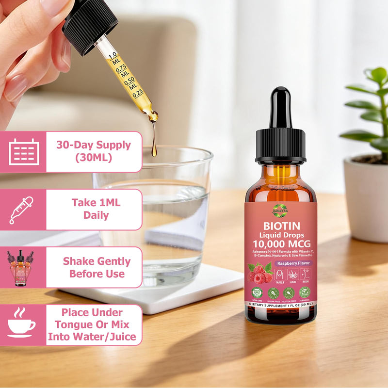 Pure Biotin 10000mcg Liquid Drop Hair Skin & Nails Vitamins Support | w. Biotin Collagen Keratin Hyaluronic Acid Saw Palmetto Bamboo, Biotin(Vitamin B7）Complex for Hair Growth & Cellular Energy
