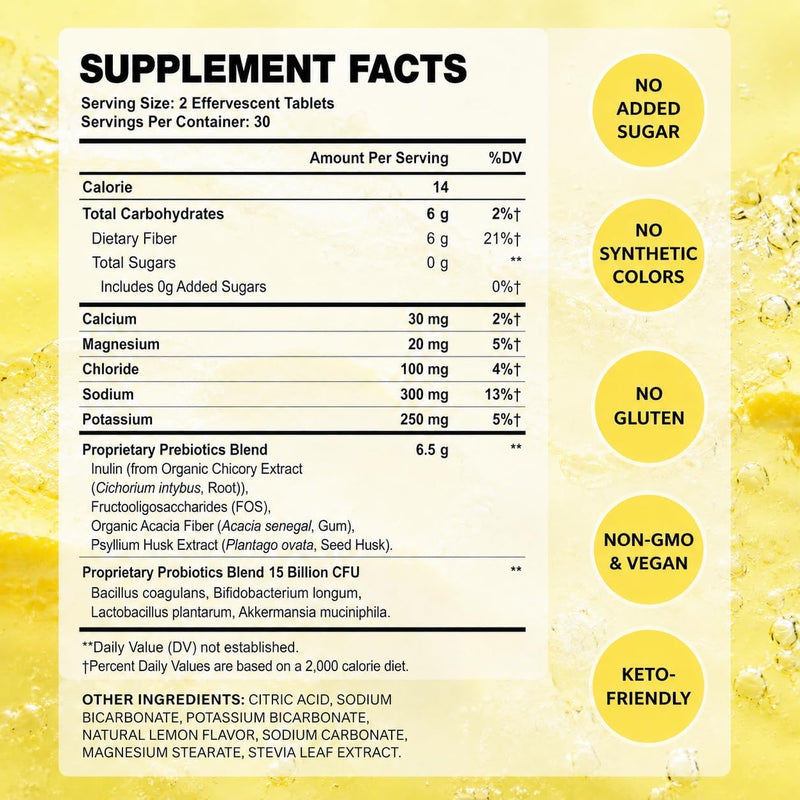 Electrolyte Tablets, Hydration & Fiber Supplement for Women & Men, 60 ct | with Prebiotics & Probiotics for Gut Health, Lemon Flavor Hydration Drink, Electrolytes Sugar Free, Keto Friendly, 60 Tablets 60 Count (Pack of 1)