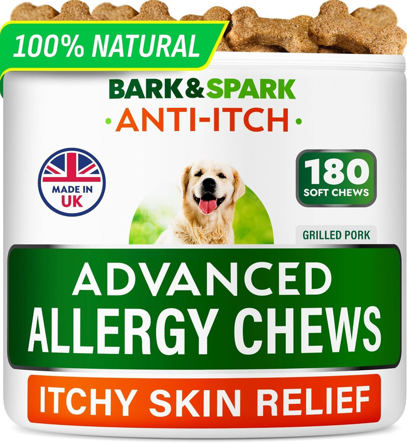 BARK&SPARK Dog Itch & Allergy Support Chews - Skin & Coat Supplement - Omega 3 Fish Oil -Itching & Paw Licking - Dry Skin & Hot Spots - 180ct - Grilled Pork 180 Soft Chews