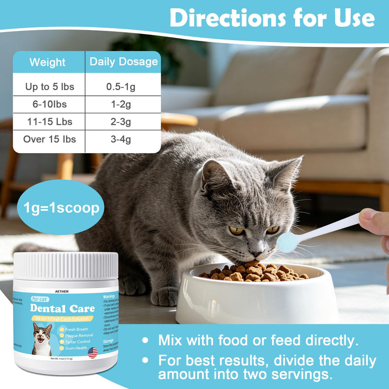 AETHER Cat Dental Care Powder, Cat Gingivitis Support with Natural Extracts, Helps Reduce Bad Breath, Plaque & Tartar, Supports Teeth, Gums Oral Health, Daily Teeth Cleaning Supplement for Cats, 4oz