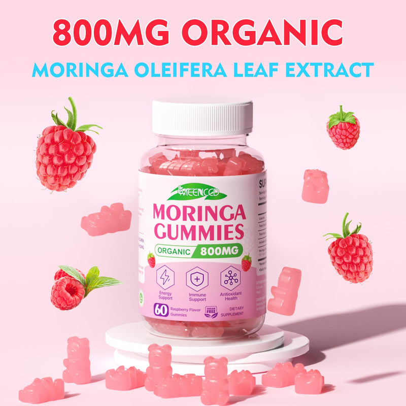 MEENCCD Moringa Gummies - Pure Moringa Leaf Supplement for Adults, 60 Ct | Contains Essential Vitamins, Antioxidants & Amino Acids, Sugr-Free, Raspberry Flavor 60 Count (Pack of 1)