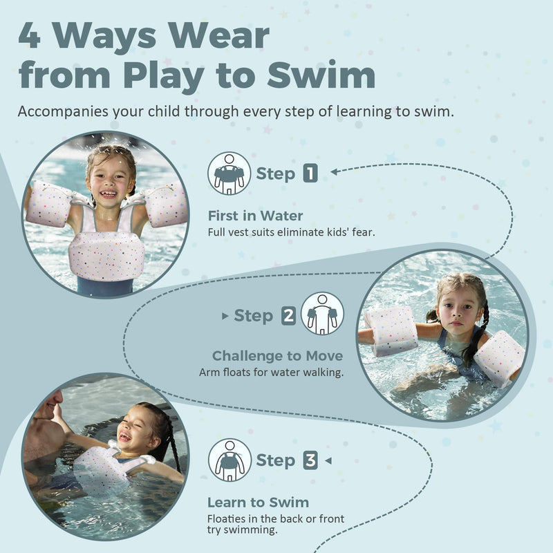 Vvinca Toddler Swim Vest for 22-66 Lbs (2-6 Years) - 3-in-1 Kids Pool Floaties with Removable Arm Bands and Back Float, Adjustable Safety Swim Jacket for Boys and Girls Learning to Swim D-Colorful Dots - BeesActive Australia