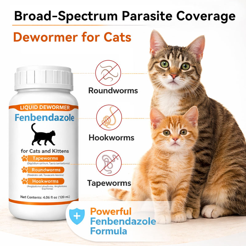 Cat Dewormer Liquid for Cats & Kittens, Fenbendazole Broad Spectrum for Tapeworms, Roundworms & Hookworms, Supports Intestinal Health, 120ml