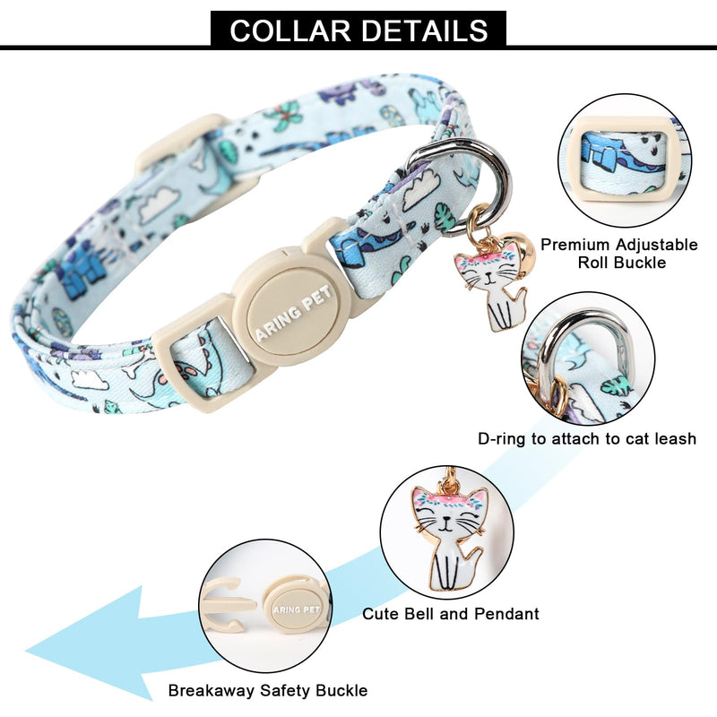 ARING PET 2 Pack Cat Collars-Cute Breakaway Cat Collar with Bell & Pendant, Adjustable Blue Whales&Dinosaur Pattern Kitten Collars with Safety Buckle for Girl and Boy Cats Dinosaur&Whales - BeesActive Australia
