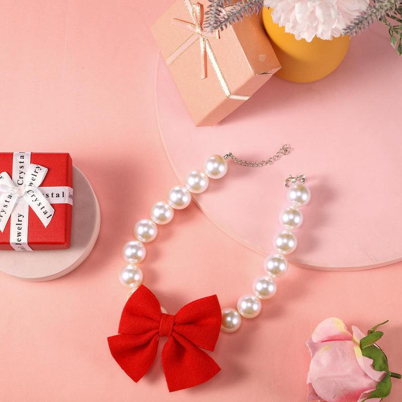 LEIFIDE Chunky Pearl Dog Necklace with Red Bow 20mm Large Bead Pearl Dog Collar Big Pearl Collar Adjustable Necklace Jewellery Accessories for Medium Large Dog Clothing Outfit Xmas Gift(20 Inch Long) - BeesActive Australia