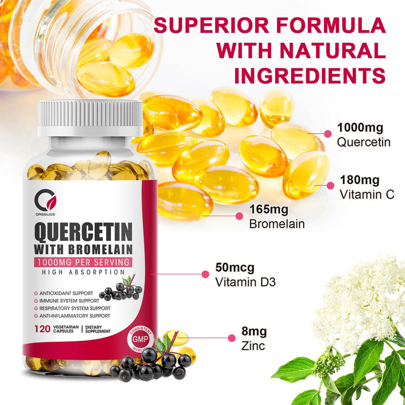 Quercetin with Bromelain 1000mg 120 Capsules with Vitamin C & D3, Zinc, Immune Support Supplement, Quercetin Supplements with Bromelain, Supports Respiratory System, Veg, Non-GMO & Gluten Free - BeesActive Australia