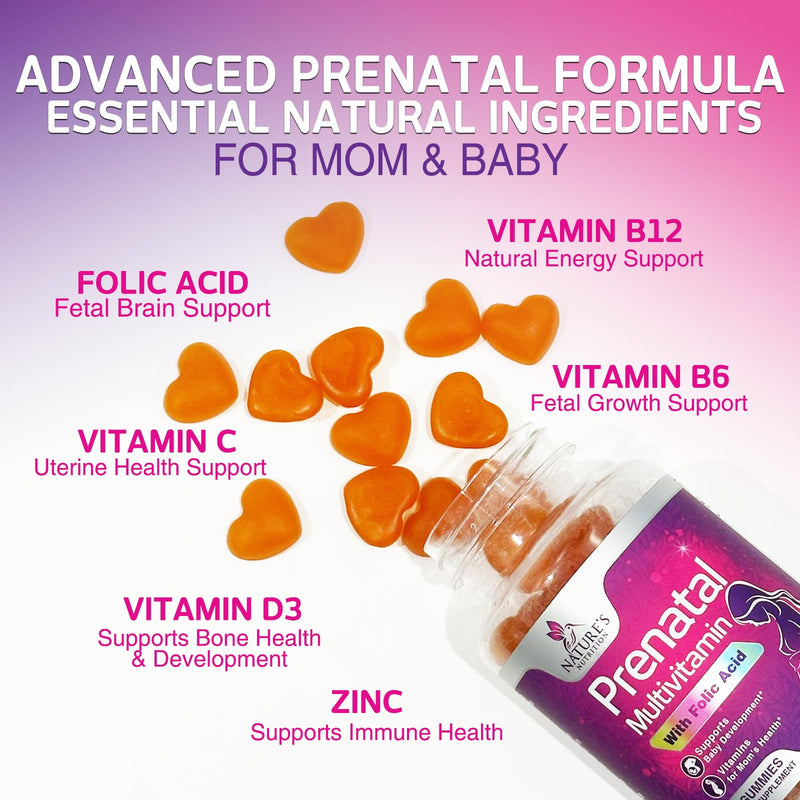 Prenatal Vitamins for Women - Pregnancy Vitamins Gummies with Folic Acid, Vitamin A, C, D3, B12, B6 - Prenatal Multivitamin Gummy for for Fetal Support, Pregnant & Nursing Women - 60 Gummies 60 Count (Pack of 1)
