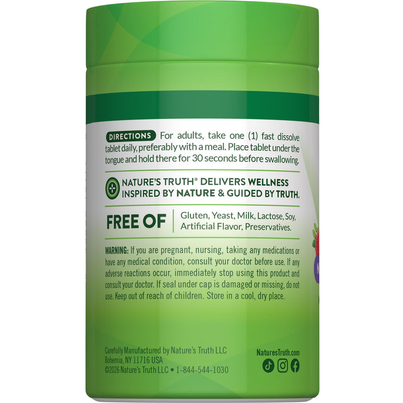Nature's Truth B12 Vitamin | 2500 mcg | 60 Fast Dissolve Tablets | with Folic Acid | Vegan, Non-GMO & Gluten Free