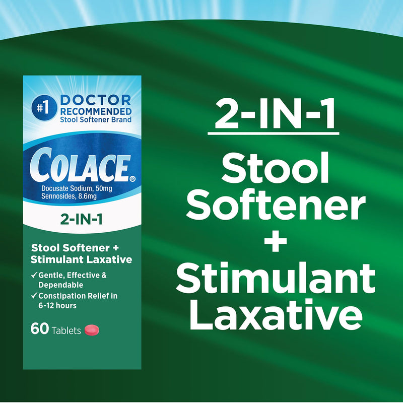 Colace 2-In-1 Stool Softener Plus Stimulant Laxative for Gentle Effective Constipation Relief, Docusate Sodium Plus Sennosides, 60 Count 60 Count (Pack of 1) - BeesActive Australia