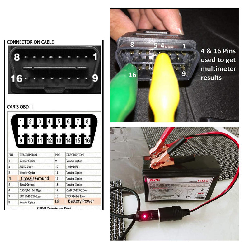 OBD II Vehicle ECU Emergency Power Supply Cable Car Diagnostic Cable Memory Saver (3 Meter) with Alligator Clip-On 12V Car Battery Cigarette Lighter Power Extension Socket