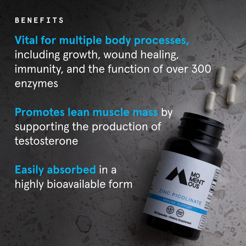 Momentous Zinc Picolinate - Immunity & Hormone Support - Bioavailable Zinc Supplement- Promotes Joint Health & Lean Muscle Mass (60 Servings) - BeesActive Australia