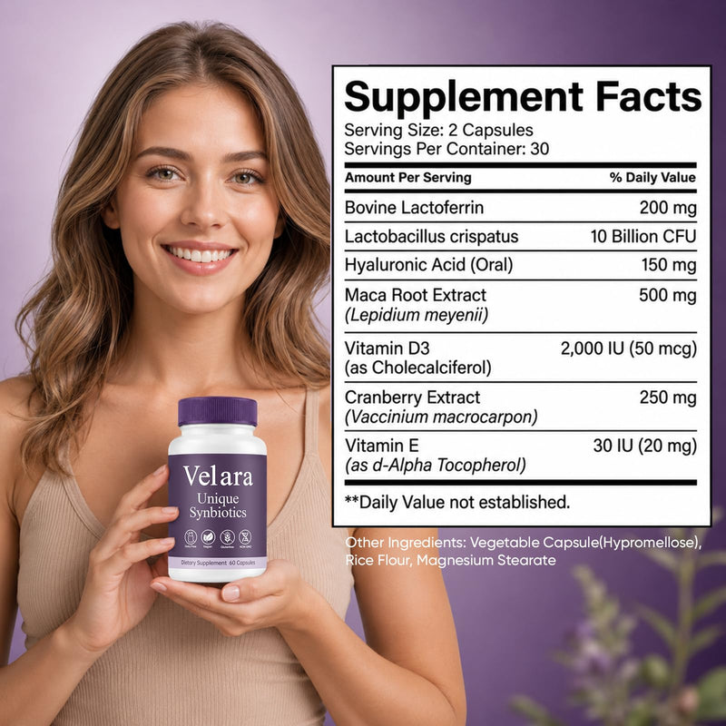 Velara Moisture & Feminine Probiotic Supplement with Cranberry, Hyaluronic Acid, Maca & Vitamin D3 - Supports Vaginal Dryness, 60 Count 1