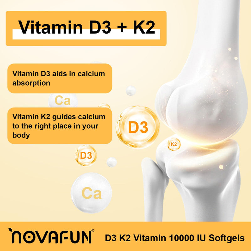 Noavfun Vitamin D3 K2 10000 IU Supplement, 90 Softgels | 250mcg Vitamin D3 + 200mcg K2 MK-7 with Coconut Oil, Supports Bone Health, Teeth & Calcium Absorption 90 Count (Pack of 1)