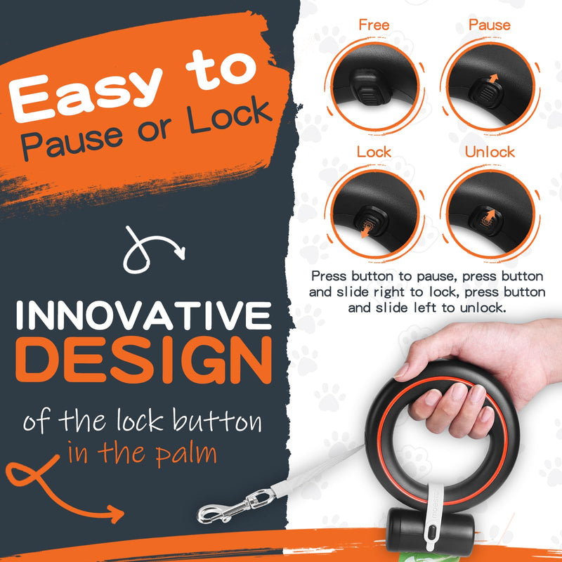 UFO Retractable Dog Leash Hands Free Wearable with Poop Bag Holder One-Handed Brake Pause Lock 360° Tangle Free 10ft Dog Leash for Up to 66lbs Medium Small Dogs (Black/Orange) Black/Orange - BeesActive Australia