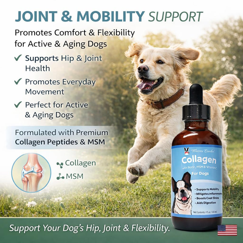 Warren London Liquid Collagen for Dogs – Skin & Coat Support, Joint Mobility Supplement with Collagen Peptides, MSM, Biotin & Vitamin C – Shedding Support Food Topper, Bacon Flavor, Made in USA