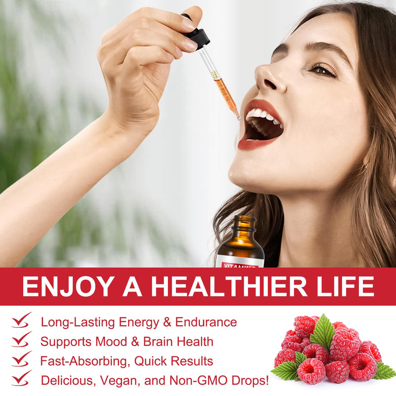 Vitamin B Complex Liquid, Vegan Vitamin B12 Liquid Drops | B12 Methylcobalamin | B1 Thiamine | B6 Pyridoxine | Folic | Niacin - B Complex Liquid Drops, Support Energy, Brain & Heart, 40 Servings